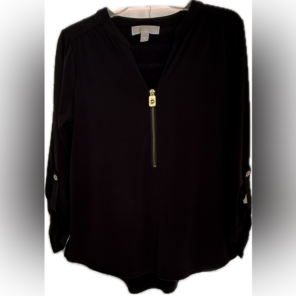 EUC- Michael Kors Black with Gold  Zipper Women's Blouse
